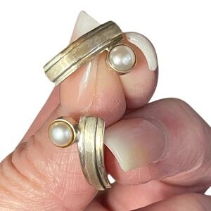 Vintage unique Signed 925 Silver and Bezel Set Pearl Post Earrings